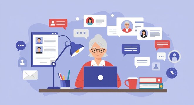 An older woman with gray hair and glasses sits at a desk, working on a laptop surrounded by digital communication icons - Powered by Adobe
