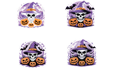 Halloween skull with witch hat and pumpkins with bats spooky illustration for holiday decoration and party design
