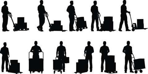 Warehouse worker silhouette with hand truck, moving boxes, cargo delivery, shipping concept, logistics, industrial labor vector illustration