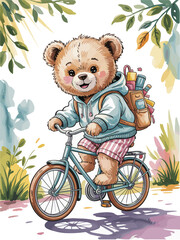 Adorable watercolor teddy bear riding a vintage bicycle with backpack, wearing pastel clothes. Cute summer adventure scene with green foliage and nostalgic charm. Vector illustration