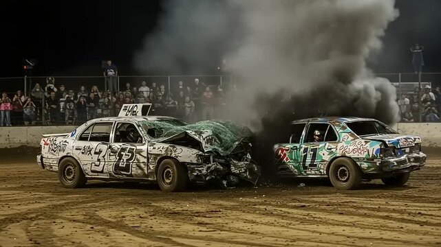 Demolition Derby Action with Spectators and Smoke