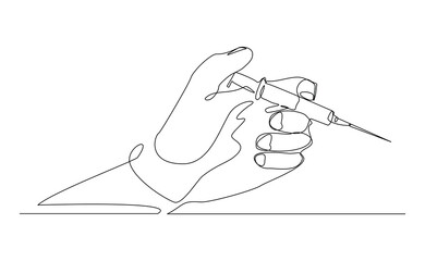 Continuous single line of hand holding syringe medical equipment for vaccination. Healthcare sketch drawing editable stroke vector illustration