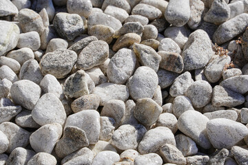 A close-up view of numerous smooth, light-grey and white river rocks, varying slightly in size and shape.