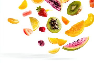 Colorful Fruit Pieces Falling on White Background