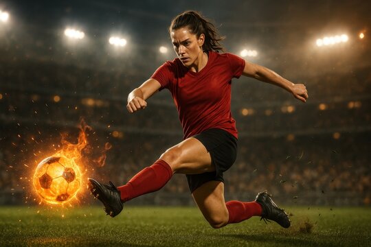 Photorealistic female soccer player kicking flaming ball with power on stadium field. Concept of summer sport, intensity, emotion, impact, and elite women's football performance.