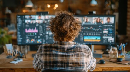 Man working from home with three monitors displays data, city view, and virtual meeting participants