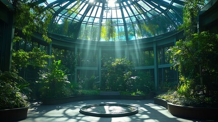Greenhouse Interior with Lush Greenery and Sunlight