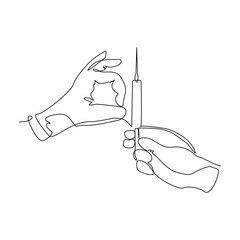 Continuous single line of hand holding syringe medical equipment for vaccination. Healthcare sketch drawing editable stroke vector illustration
