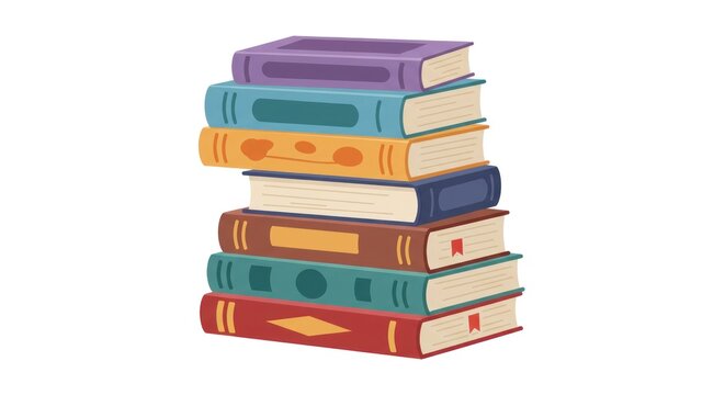 A vibrant, illustrated stack of seven differently colored hardback books. Each displays unique details, from embossed designs to bookmark ribbons. Books are centered