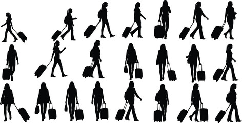 Silhouette of women walking with luggage, female traveler vector, airport passenger clipart, travel woman icon, vacation graphic art