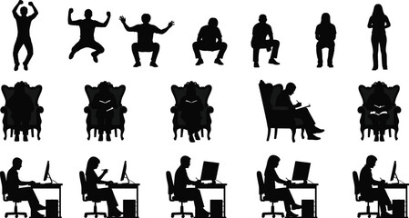 Silhouettes of people sitting, reading, working, exercising, office desk posture, vector illustration, black graphic shapesSilhouettes of people sitting, reading, working