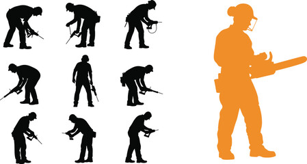 Silhouettes of workers using power tools, construction equipment, drill, chainsaw, safety gear, isolated vector illustration