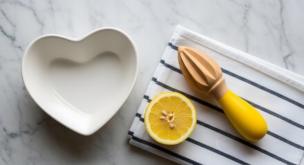 Heart shaped bowl with lemon and wooden citrus juicer on striped cloth.