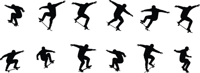Skateboarder performing multiple tricks, dynamic silhouette sequence, extreme sports motion, isolated black and white background