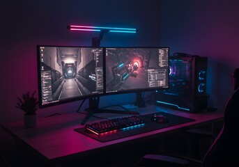 A gaming setup featuring two RGB-lit monitors with a vibrant game display