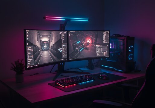 A gaming setup featuring two RGB-lit monitors with a vibrant game display