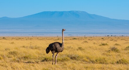Naklejka premium A tall ostrich stands in a grassy savanna under a clear blue sky with a snow-capped mountain in the distant background