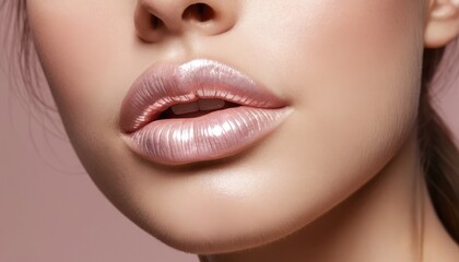 Fototapeta premium A beautiful woman's face in close-up, highlighting her lips with bright lipstick and elegant makeup.