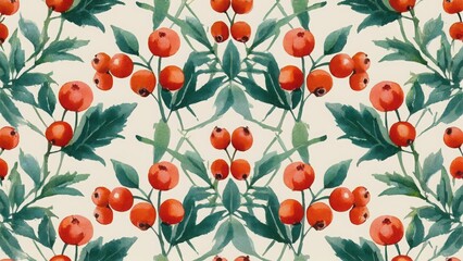 Seamless watercolor pattern with rowan branches