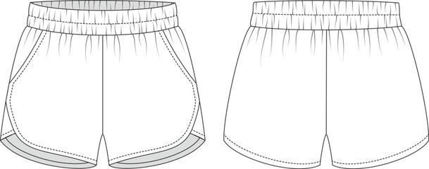 Editable technical flat of running shorts with curved side seams, binding, and elastic waistband. Includes front and back views. For fashion design, tech packs, and production.