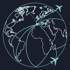 Illustration of a world map with flight paths and airplane icons showing global connectivity and travel