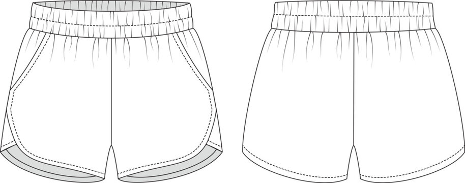 Editable technical flat of running shorts with curved side seams, binding, and elastic waistband. Includes front and back views. For fashion design, tech packs, and production.