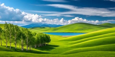 Serene Summer Landscape: Rolling Green Hills, Birch Grove, and Calm Lake under a Blue Sky