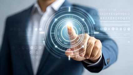 Businessman Interacting with Futuristic Holographic Interface; Modern Technology Concept