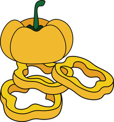 Vector illustration of a whole yellow bell pepper with several sliced rings displayed in a flat, cartoon style.