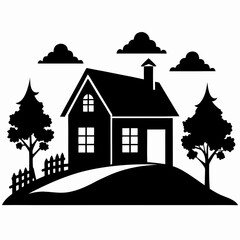 Black Silhouette Village Landscape 