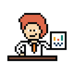 Obraz premium Cartoon cute pixel cartoon 8bit character business man businessman smart work game decoration business 8 bit male career smart character game 8bit png vector.