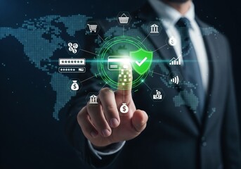 Secure online payment concept showing a businessman authenticating a digital credit card transaction, highlighting fintech innovation, financial security, encryption, and global ecommerce trends