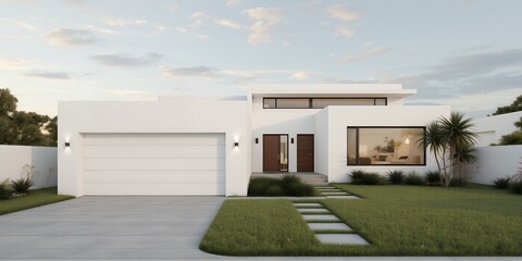 Modern white house exterior with double doors garage and landscaped yard A pathway leads to the entrance