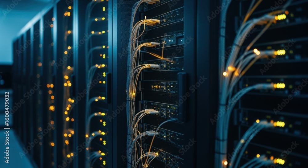 Aufkleber techcentric workspace with dense server clusters and glowing fiber cables under dim lighting.