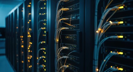 Techcentric workspace with dense server clusters and glowing fiber cables under dim lighting.