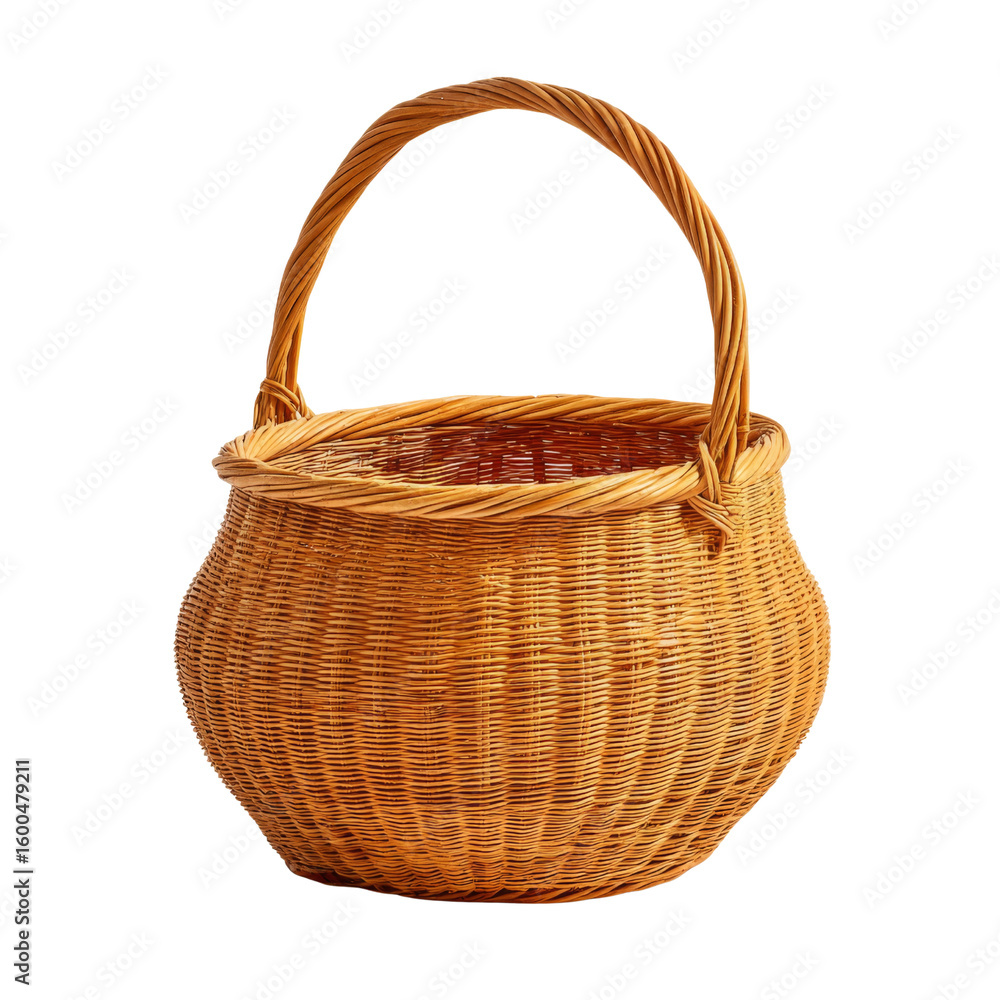 Poster round wicker basket with sturdy handle, perfect for storage or decoration. its natural color and tex