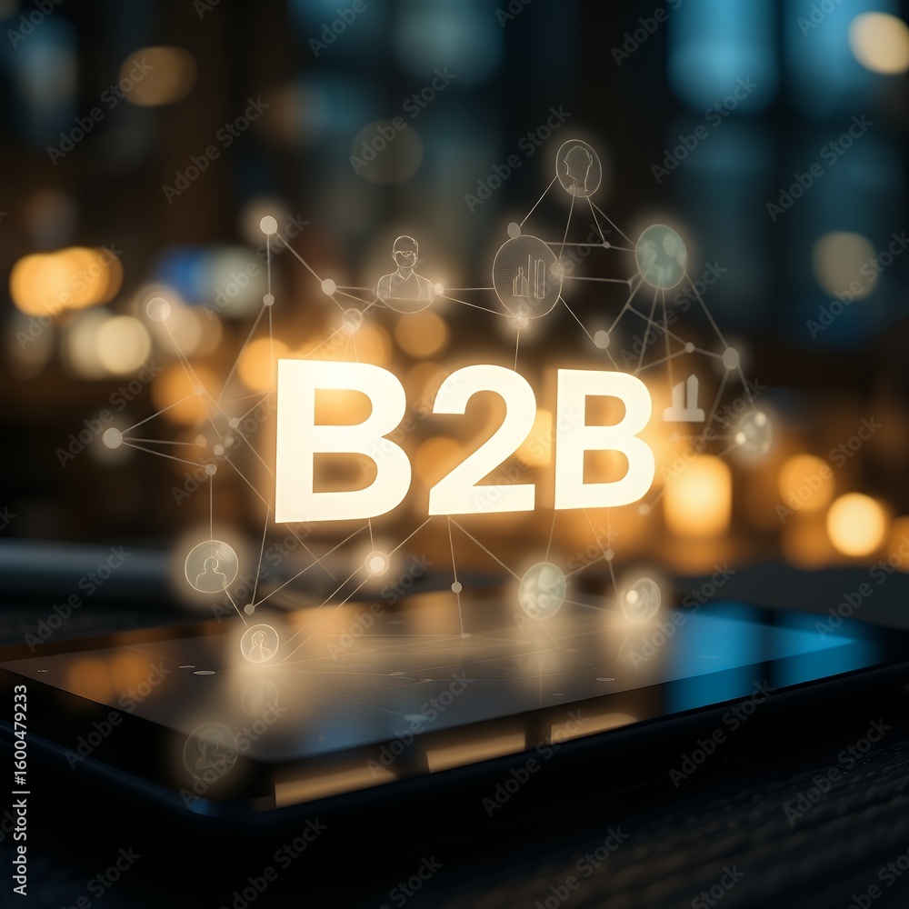 Poster illuminated b2b text on digital tablet network connections and icons displayed