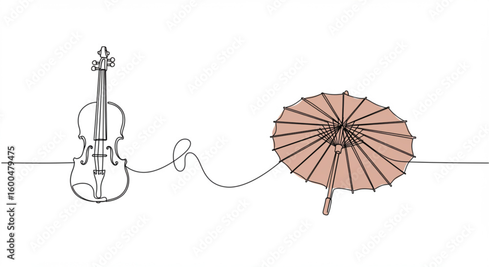 Poster violin and umbrella connected by a single line outline vector design