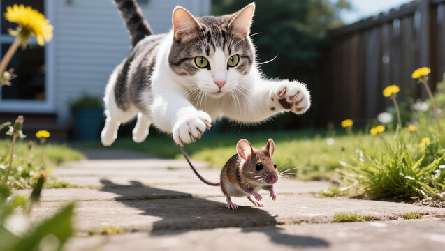 Focused cat leaping through the air while chasing a mouse on a garden path. Dynamic hunting moment captured outdoors in motion. - Powered by Adobe