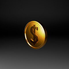 Realistic 3D rendering of a shiny golden dollar coin on a soft black gradient background. Symbol of finance, wealth, investment, and digital currency.