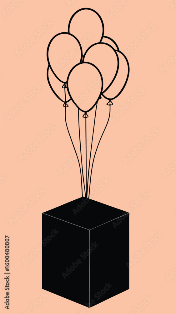 Poster a cluster of seven light pink balloons tied with strings emerges from a black cube against a soft co