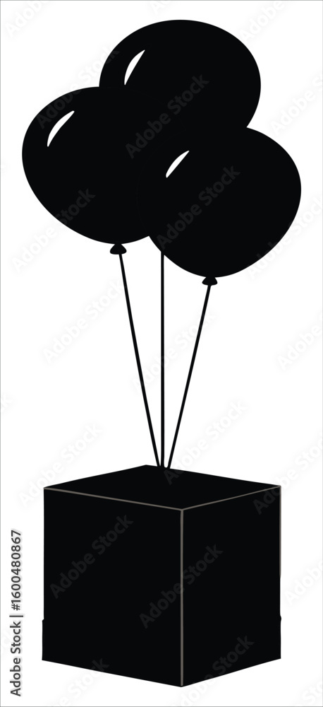 Poster a simple black silhouette of a square box with three balloons tied to it floating upwards against a 