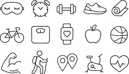 Healthy lifestyle icons sleep exercise nutrition wellness sleep mask alarm clock
