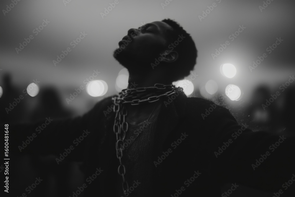 Poster man embracing freedom with chains during an artistic performance at dusk