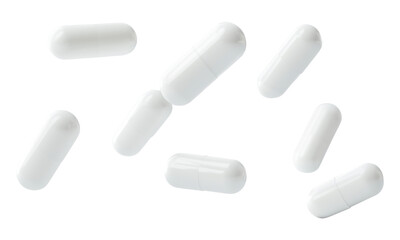 Falling white medicine pills capsule on transparent background