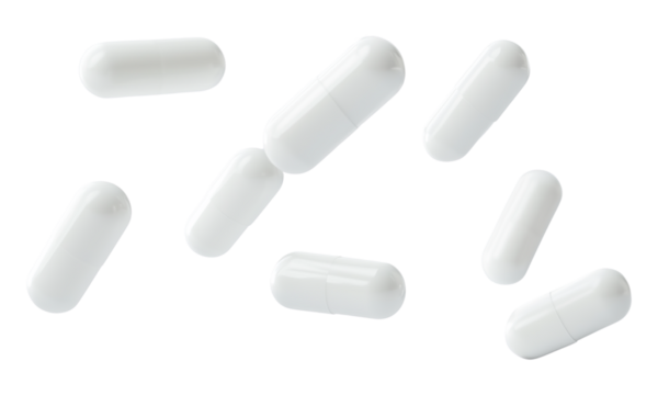 Falling white medicine pills capsule on transparent background