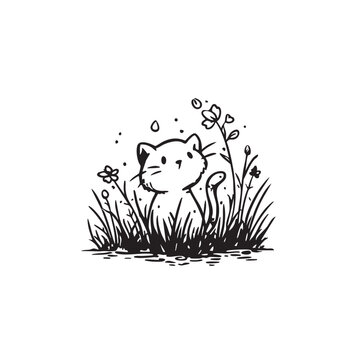 Cute cat exploring flowers in a grassy field during springtime