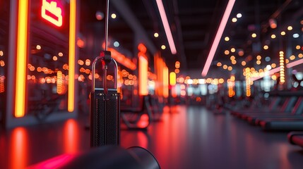 Naklejka premium Modern Gym Interior with Red Neon Lighting and Weight Machine