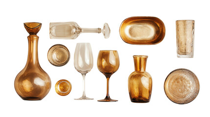Elegant Glassware: A flat lay of elegant glassware like wine glasses and decanters, isolated on a Transparent background, PNG file.