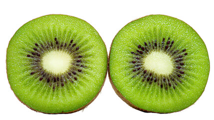 Fototapeta premium Two vibrant slices of fresh kiwi fruit, showcasing its juicy texture isolated on transparent background